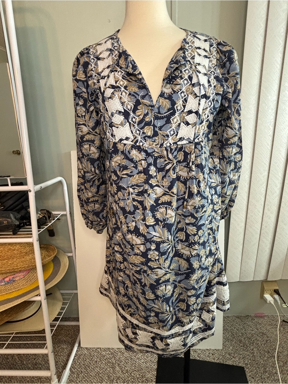 Boho Floral V-Neck Dress in Navy and Cream